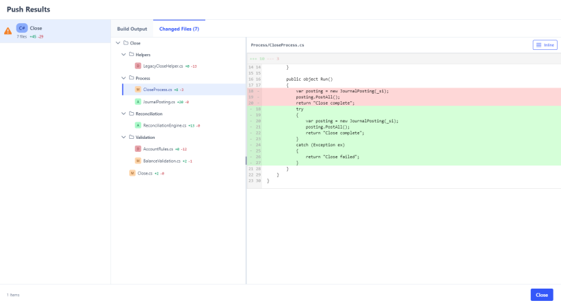 The Push Results window dispalys with the file viewer showing what was added and deleted
